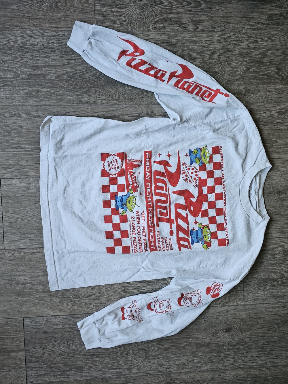 Disney White Long Sleeve Pizza Planet Graphic Tee with Red Print